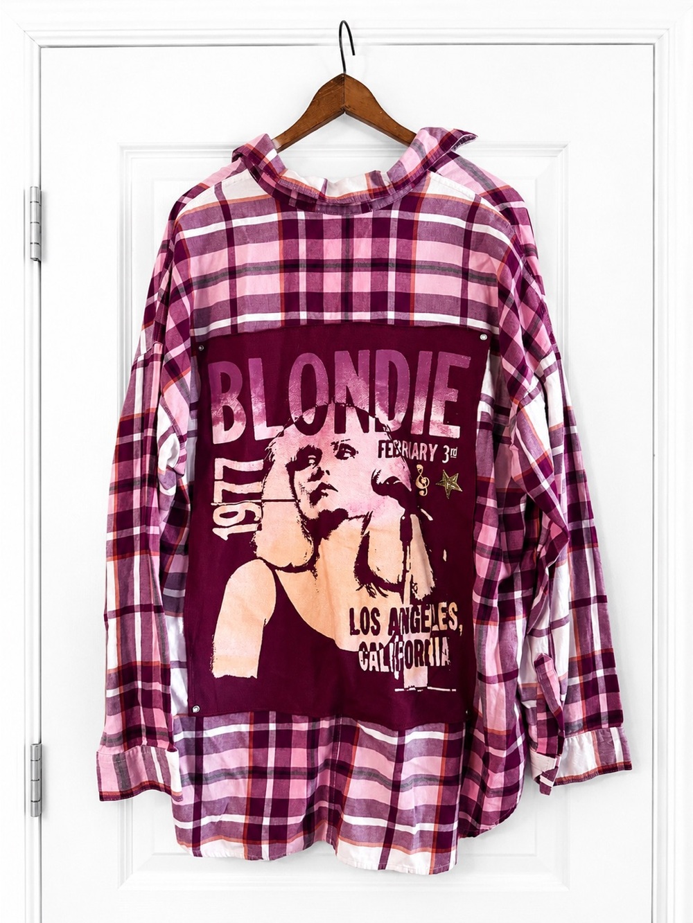 Blondie Debbie Harry Upcycled Plaid Flannel Shirt Large Oversized Band Graphic